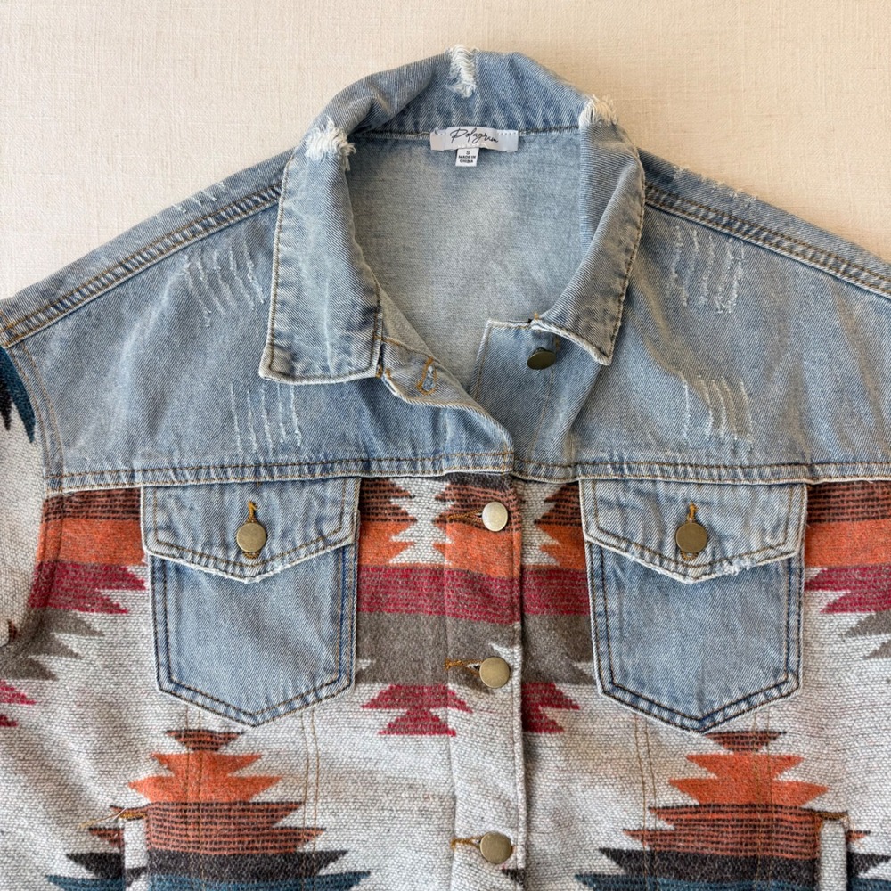 Polagram Aztec Tapestry Denim Jacket Oversized Southwestern Women Small Blue - Picture 3 of 11